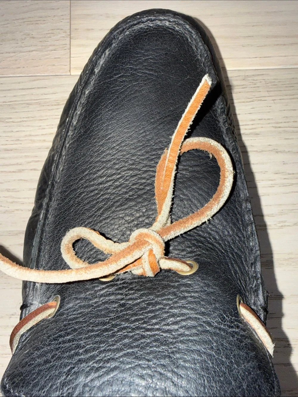 Men's midnight Navy Leather Moccasin Loafers with Tan Laces